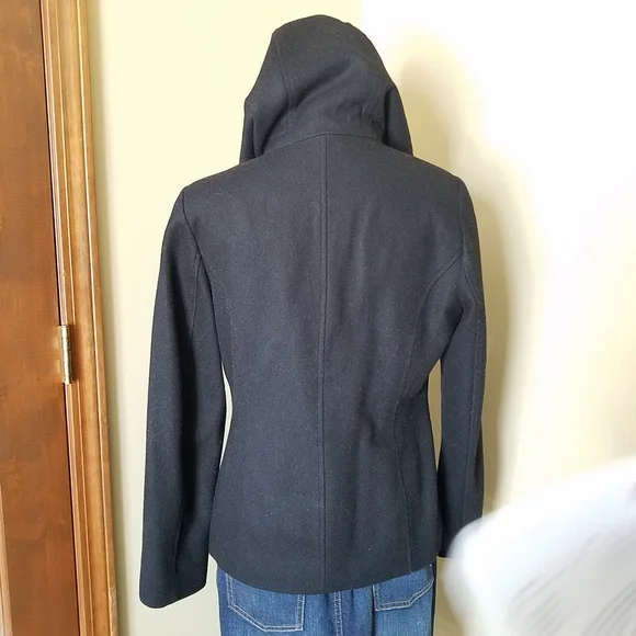 NAUTICA Black Hooded Wool Double Breasted Peacoat - Picture 10 of 13